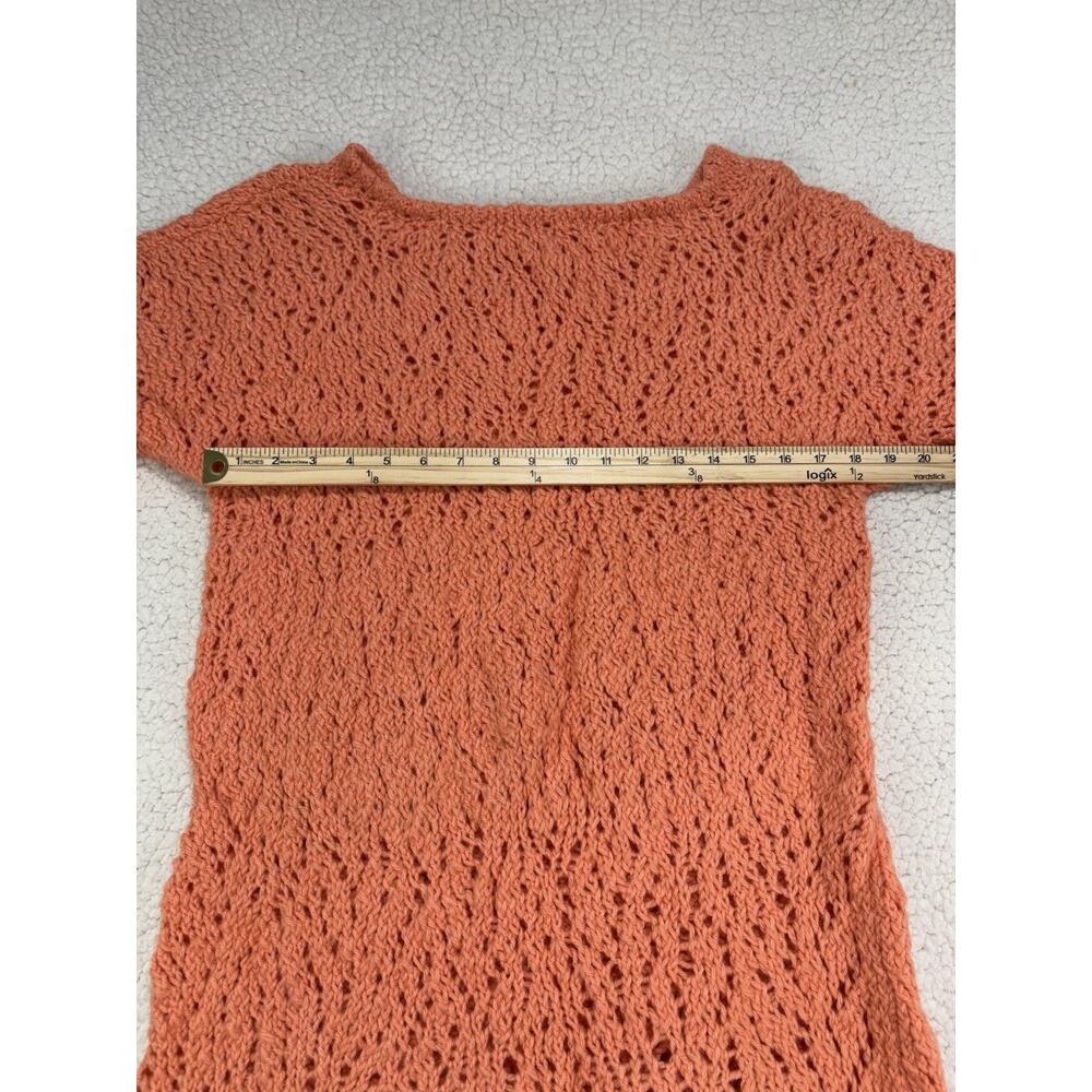 Vintage Hand Knit Dress Salmon Coral Open Crochet Drop Waist Dress Chunky Ruffle - Picture 4 of 5